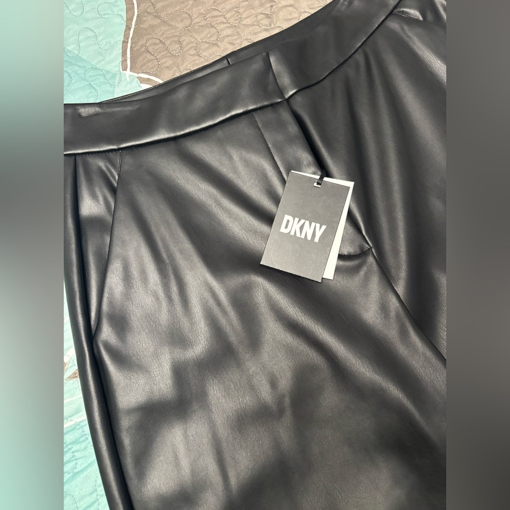 DKNY Black faux Leather cropped wide leg pants.